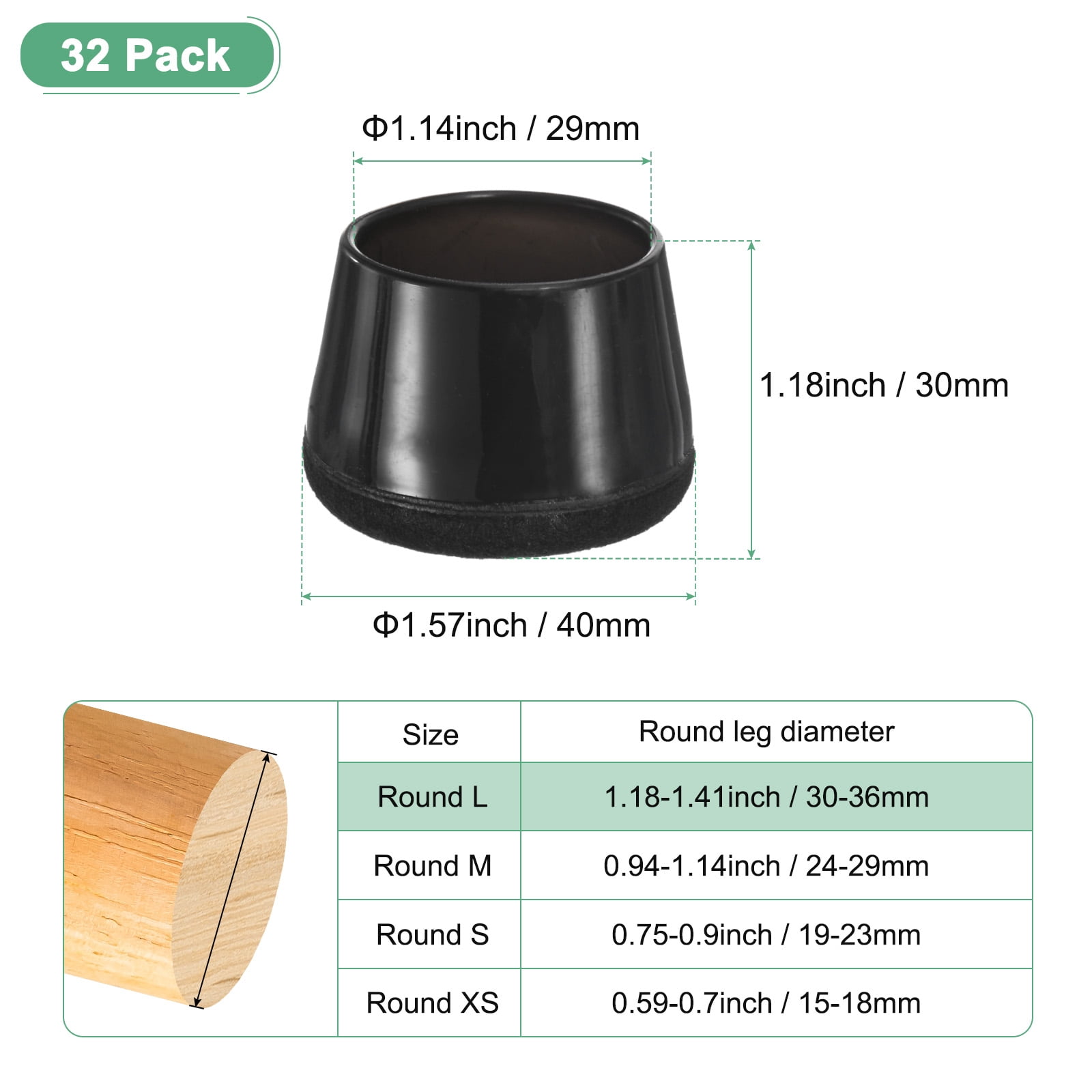 Uxcell 32-Pack Chair Leg Floor Protectors, 1.18-1.41 Inch Silicone Cups Round Felt Furniture Pads Chair Leg Covers Socks [Black]
