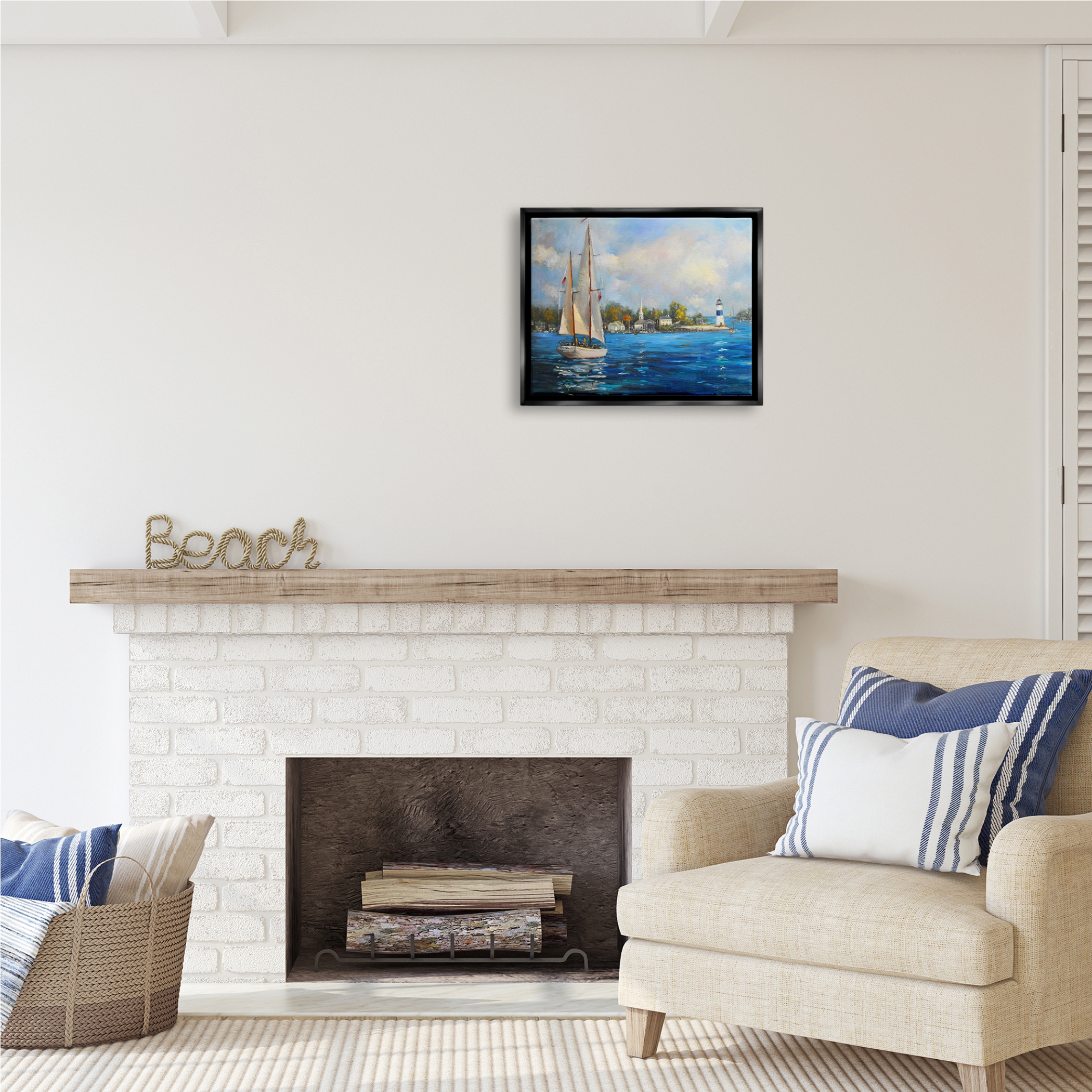 Stupell Industries Sailboats Ocean Landscape Transportation Painting Black Floater Framed Art Print Wall Art, 21 x 17
