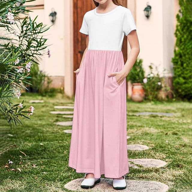 LOVZFMLL Robe d'Été Décontractée Sans Manches pour Filles de 2 à 12 Ans, Ourlet à Boutons, Fluide, avec Poches, Col Rond