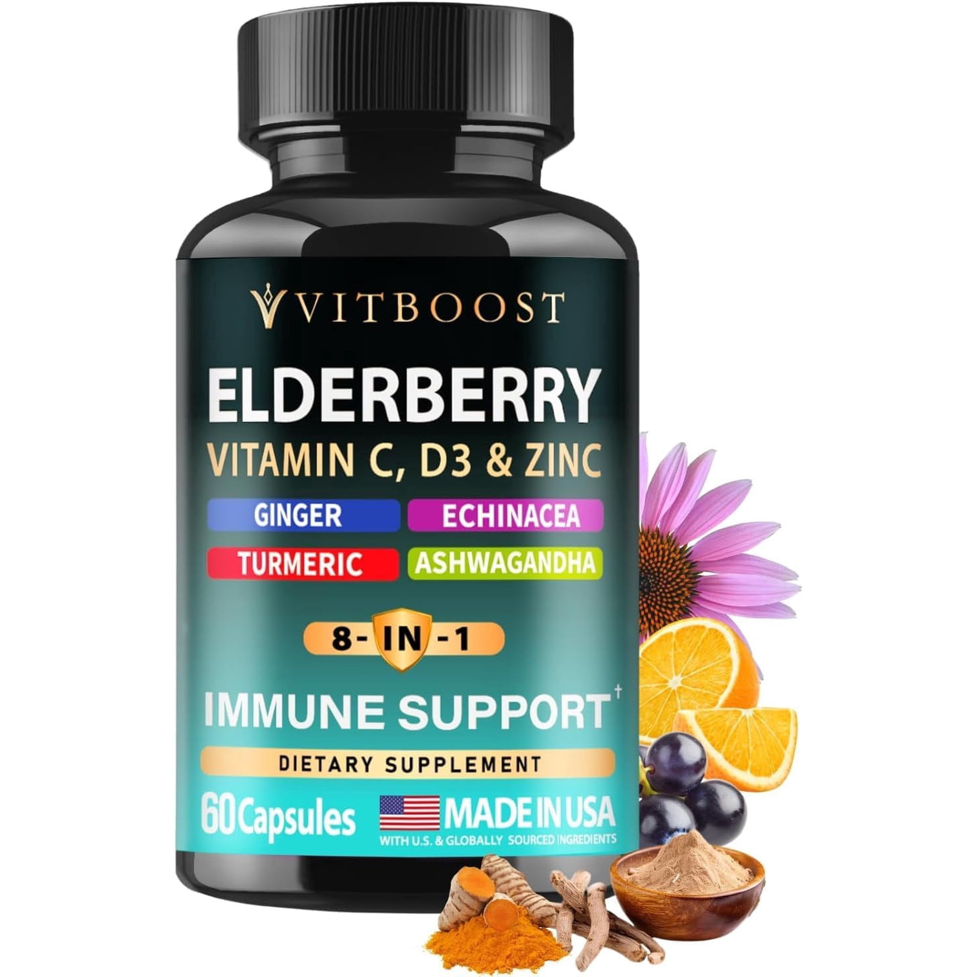 Elderberry Immune Support Supplement 8-in-1 Formula with Echinacea, Vitamin C & Zinc, Vitamin D 5000 IU, Turmeric, Ginger, Ashwagandha – 60 Capsules