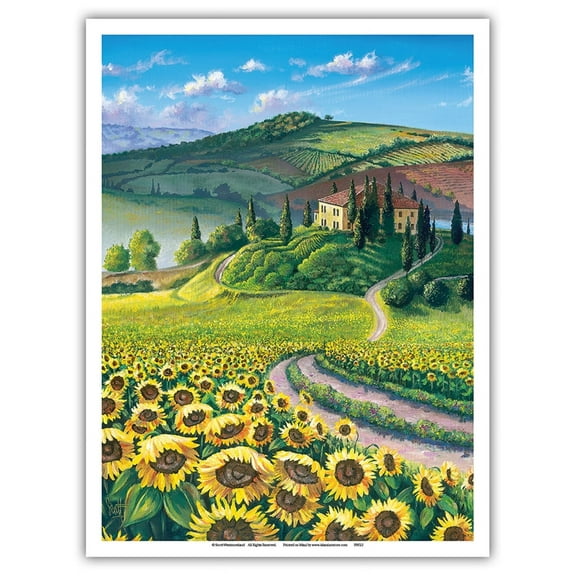 Golden Tuscana (Tuscany) - Italy - Sunflower Field - From an Original Color Painting by Scott Westmoreland - Master Art Print (Unframed) 9in x 12in