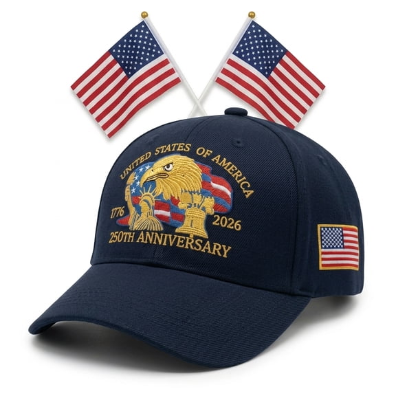 250th Anniversary USA Hat 1776-2026 2 Flags Set, 3D Embroidered Bald Eagle Khaki Baseball Cap, Veterans Day Patriotic Gift