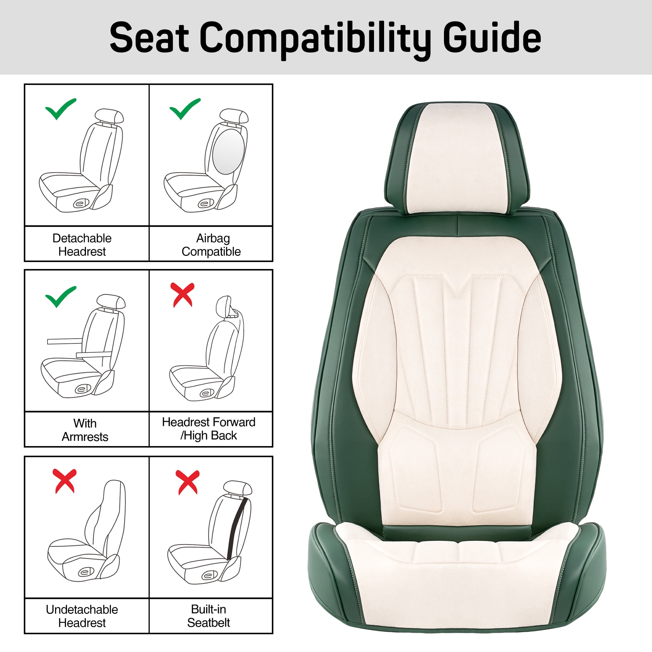 Caromop Universal Car Seat Covers Full Set,3D Foam Support in Velvet & PU Leather,Armrest Compatible for Cars, Trucks, SUVs (Beige/Green)