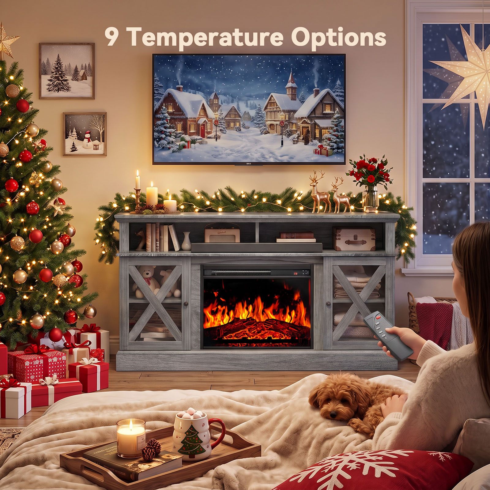 Chitooma 75" Farmhouse Electric Fireplace TV Stand, Gray photo 6