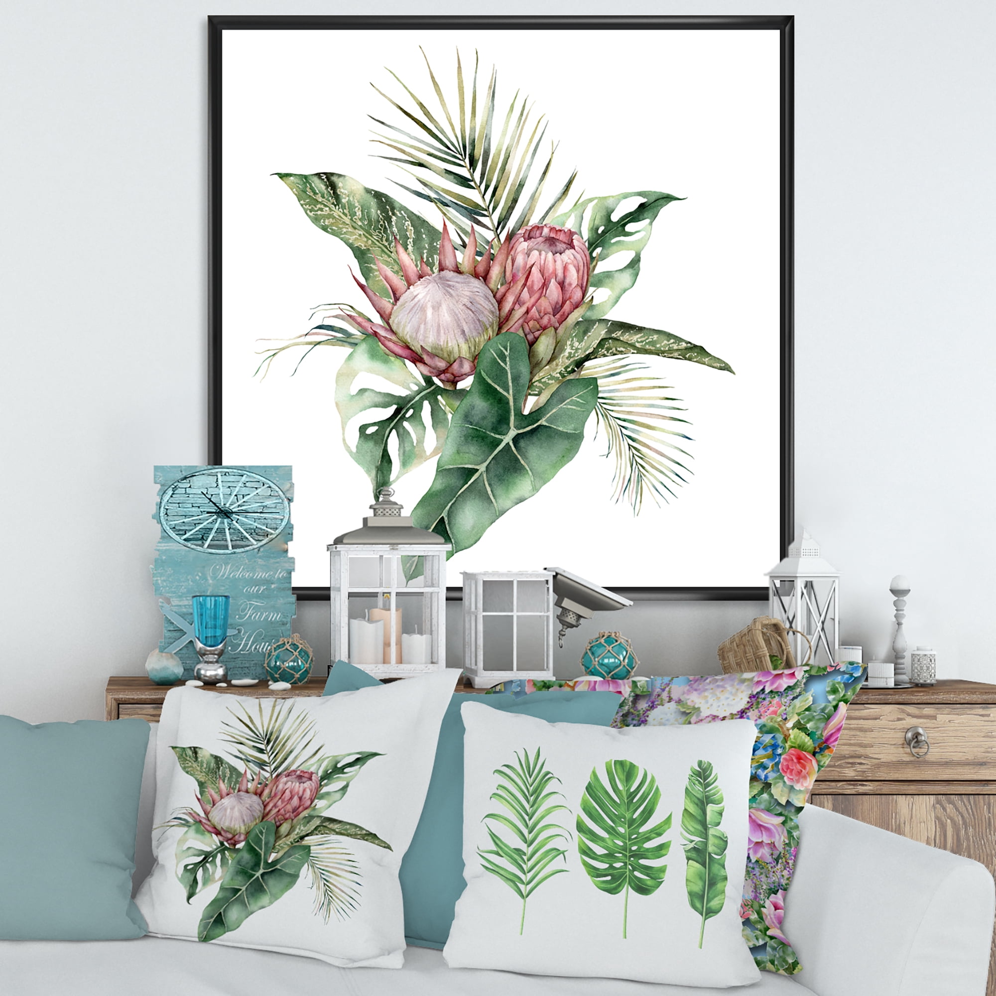 Designart 'Queen Proteas Palm & Monstera Leaves' Traditional Framed Canvas Wall Art Print