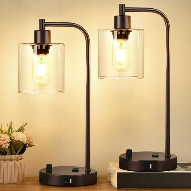 Juego de 2 lámparas de mesa industriales con puertos USB C+A y tomacorriente, totalmente regulables, para dormitorios, mesita de noche, lámpara de escritorio con pantalla de vidrio para lectura, sala