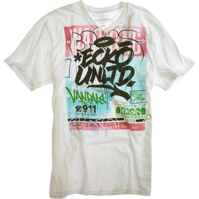 Ecko Unltd. Camiseta gráfica con cuello en V y señales de advertencia para hombre, blanca, grande
