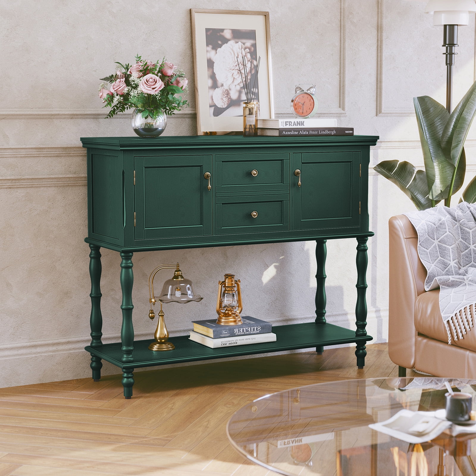 HLR 42" Farmhouse Modern Console Table, Entryway Table with Storage Shelf for Living Room, Green