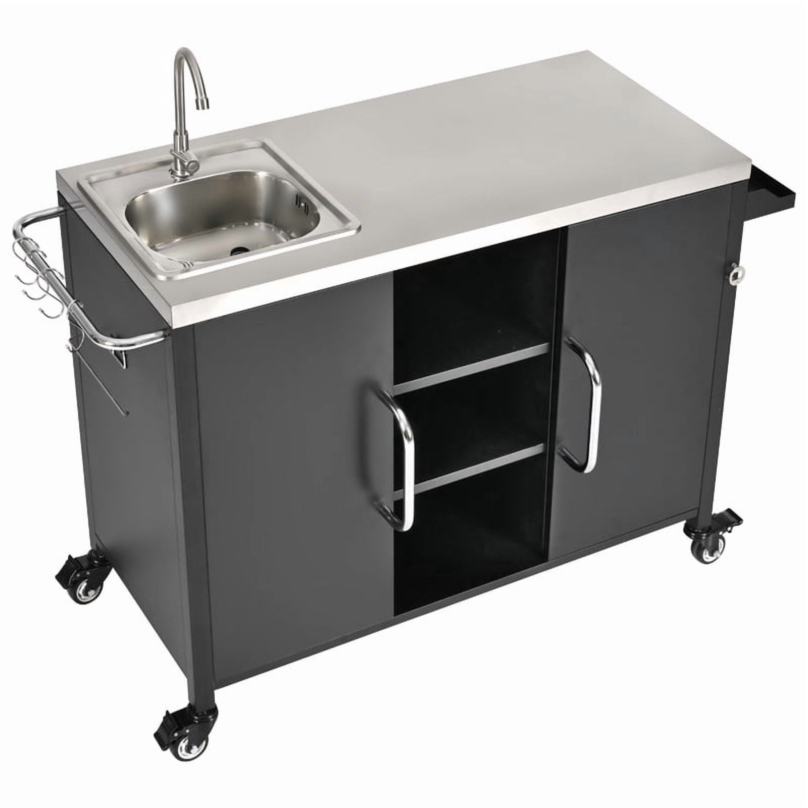 Outdoor Kitchen Island with Sink and Stainless Steel Top, Metal Grill Cart Table with Adjustable Shelf and 4 Lockable Wheels for Pizza Prep & BBQ, L 55.5" x W 20" H 36.7"