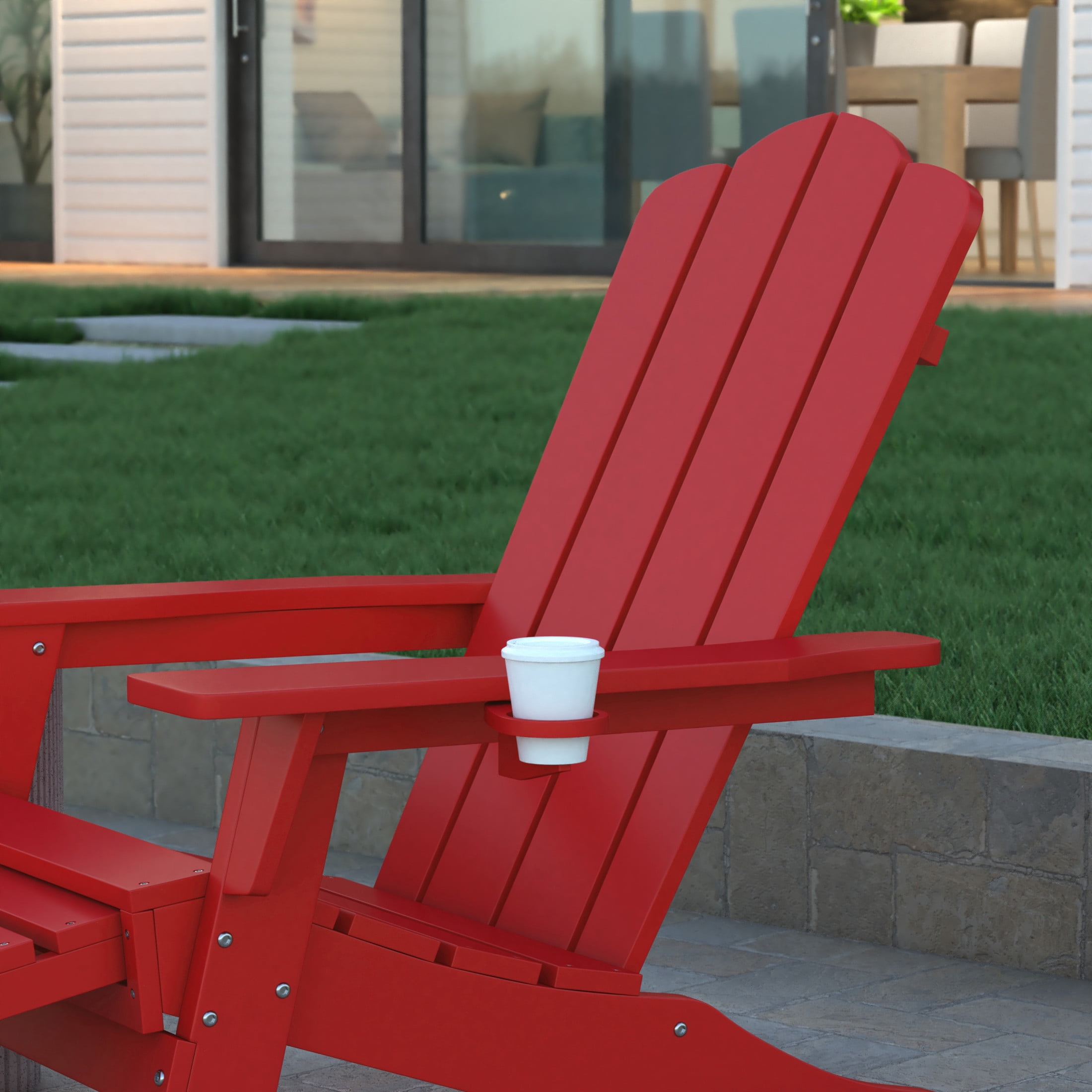 Emma + Oliver Adirondack Chair with Cup Holder and Pull Out Ottoman, All-Weather HDPE Indoor/Outdoor Lounge Chair in Red