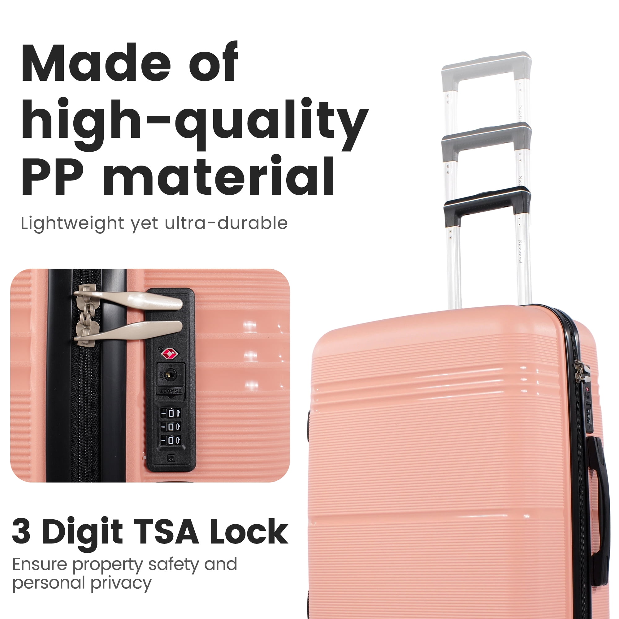 NiceTravel 3 Piece Hardside Luggage Set with Spinner Wheel & TSA Lock,Lightweight Suitcase for Travel, Pink