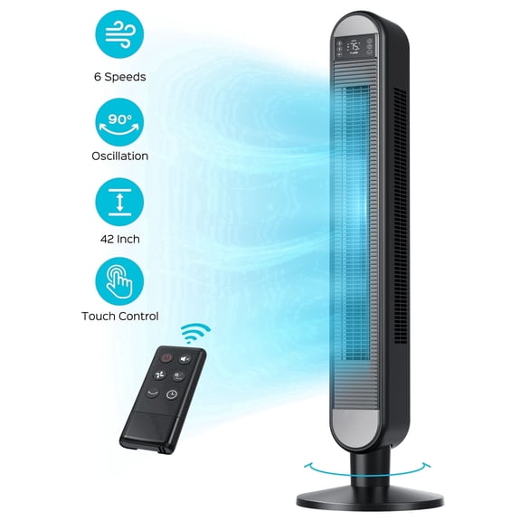 DREO Tower Fan for Bedroom, 42 inch Bladeless Fan, 90° Oscillating Fan, Quiet Floor Fan with Remote, LED, 6 Speeds 4 Modes, 12H Timer, Standing Fans for Home Living Room Office