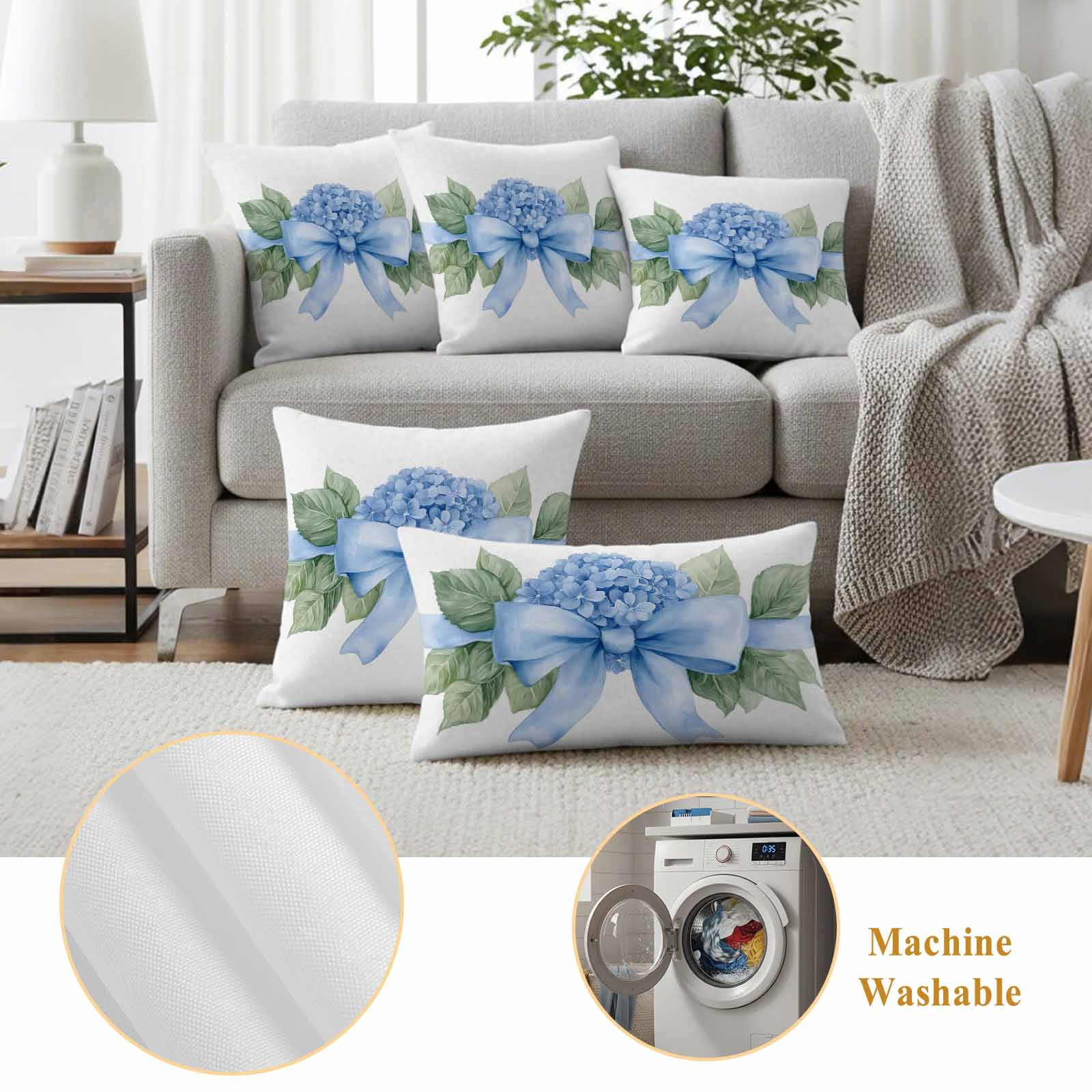 Hydrangea Spring Outdoor Waterproof Pillow Covers, Idyllic Flower Floral Bow Plant Leaf Decorative Square Throw Pillowcase Sofa Cushion Sham for Patio/Couch/Chair, 24"x24" 2 Pack