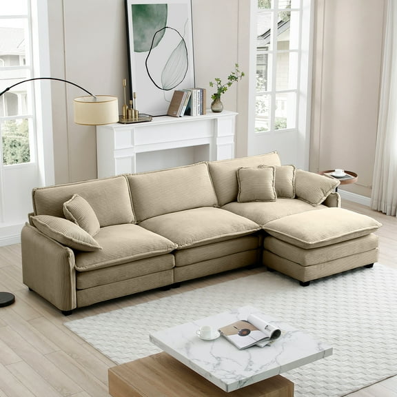 CoSoTower Oversize 3-Seater Sofa with One Footrest, L-Shaped Sectional Sofa with Ottoman for Living Rooms,Tan Corduroy Sofa