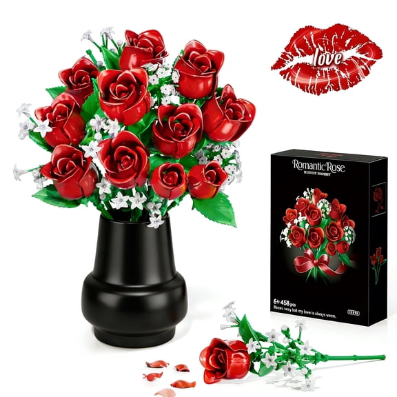 Red Rose Flowers Bouquet Building Set, 15 Artificial Forever Roses Botanical Collection Compatible with Lego, Home Office Decor, Mother’s Day Valentine’s Birthday Gifts for Women Girls Adults 6