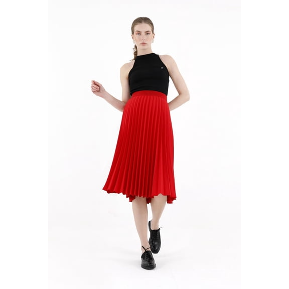Red Pleated Skirt High Waist Elastic Waist Band Midi Skirt