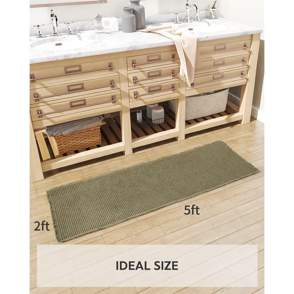Waffle Bath Mat-Runner Rug, Super Absorbent Non Slip Bath Mats for Bathroom Machine Washable Long Rugs with Tassels, Bath Rugs for Bathroom Floor Beside Tub, 2' x 5', Green