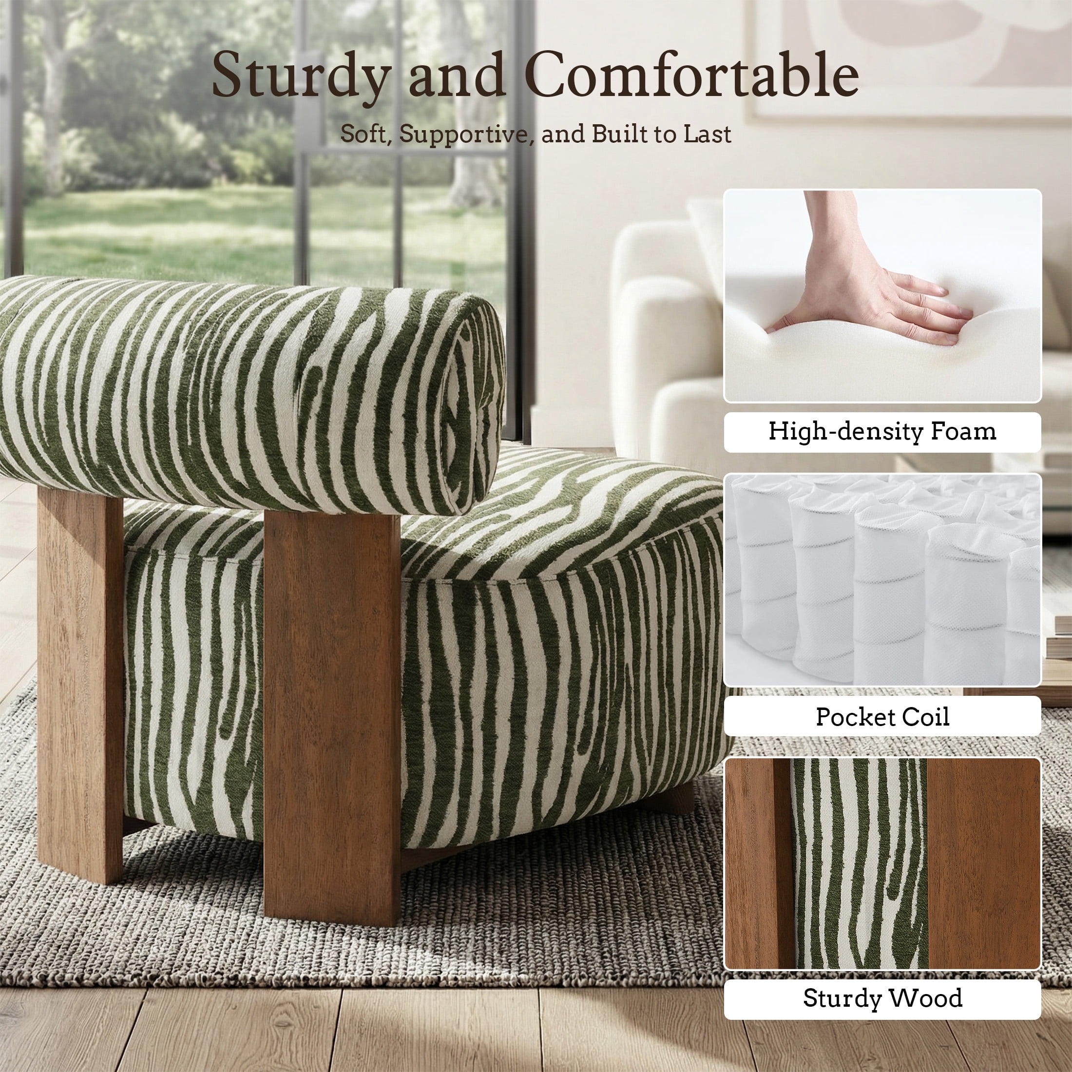 Aukfa Modern Chenille Accent Chair with Zebra-Stripe, Cylindrical Backrest for Living Room, Green