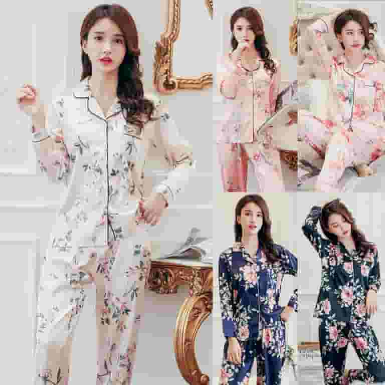 Women Autumn Plus Size Imitation Silk 2 Piece Pajamas Set Women Autumn Plus Size Imitation Silk 2 Piece Pajamas Set