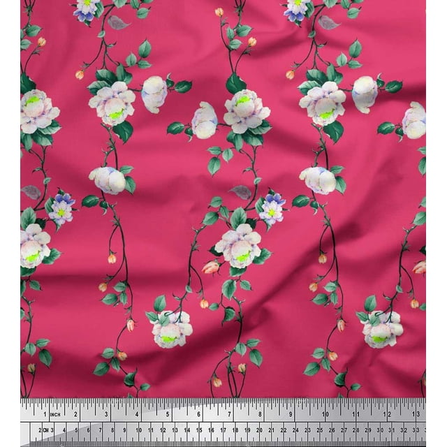 Soimoi Poly Georgette Fabric Leaves & Peony Floral Decor Fabric Printed Yard 52 Inch Wide
