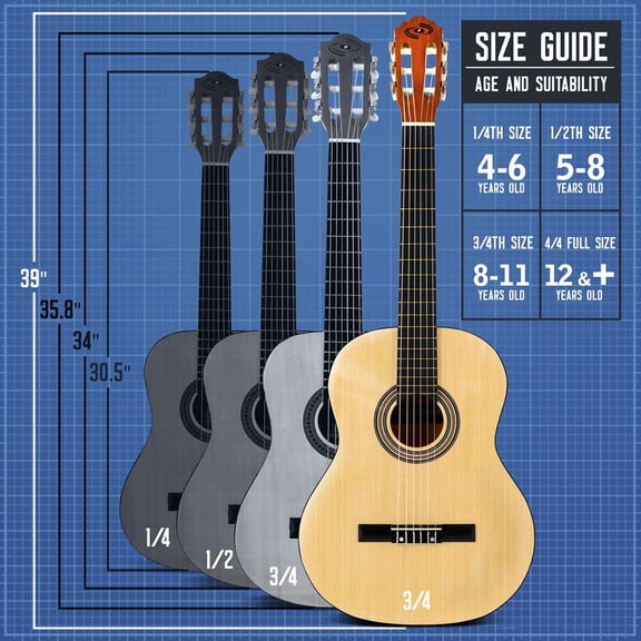 Pyle Beginner Acoustic Guitar Kit, 3/4 Junior Size Instrument for Kids, Adults, 39" Natural Gloss