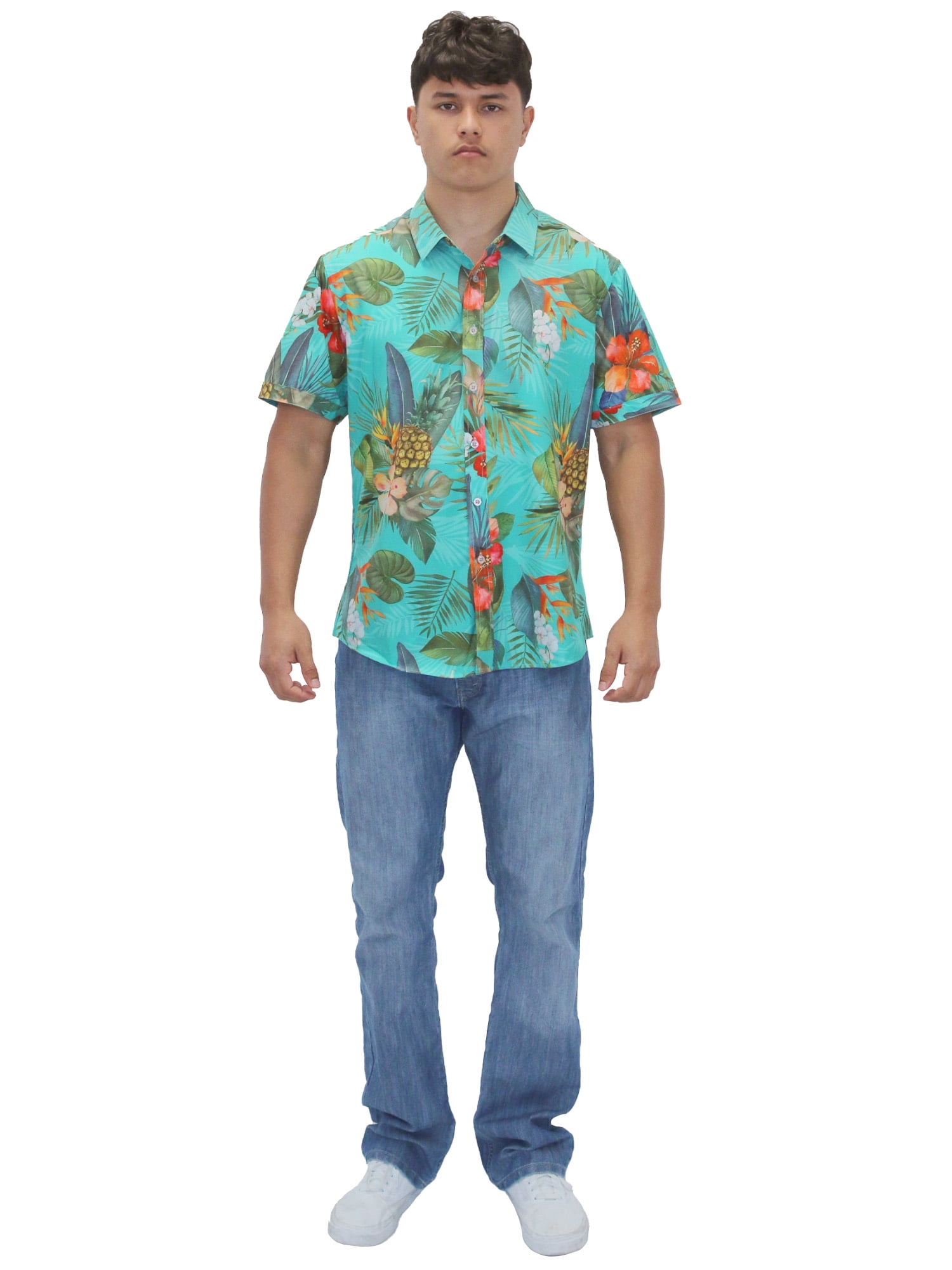 ALOHA SHIRT: HIBISCUS ACCENT-TEAL SMALL
