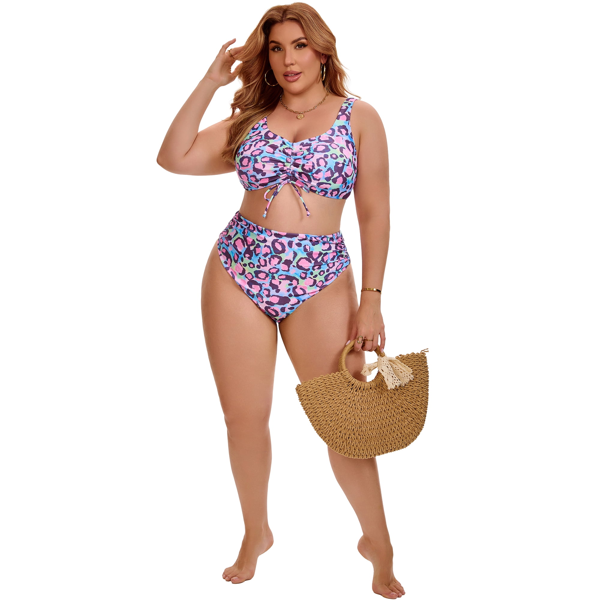 DARING DIVA Women's Plus Bikini High Waisted 2 Piece Bathing Suits 1X Purple Pink