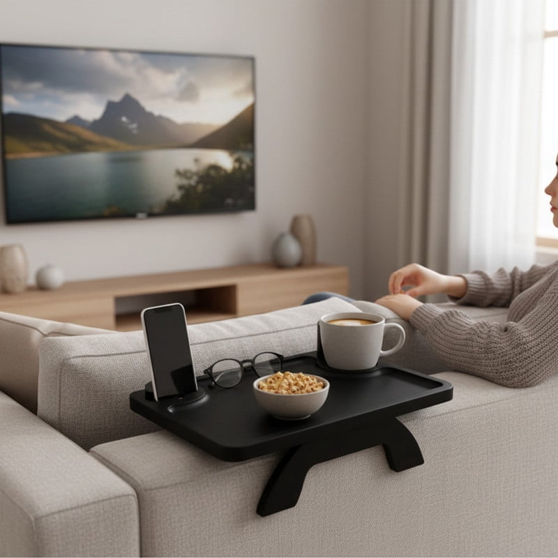 Gianna Sofa Arm Tray,3-in-1 Clip-On Table TV Tray with Rotating Cup Holder and Phone Stand, Black