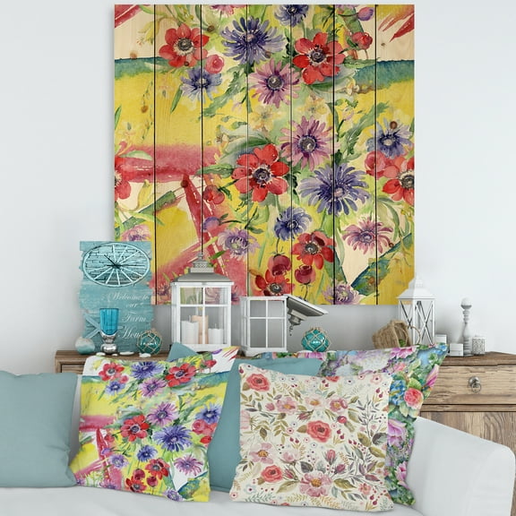 Designart 'Wildflowers and Vibrant Wild Spring Leaves V' Modern Print on Natural Pine Wood