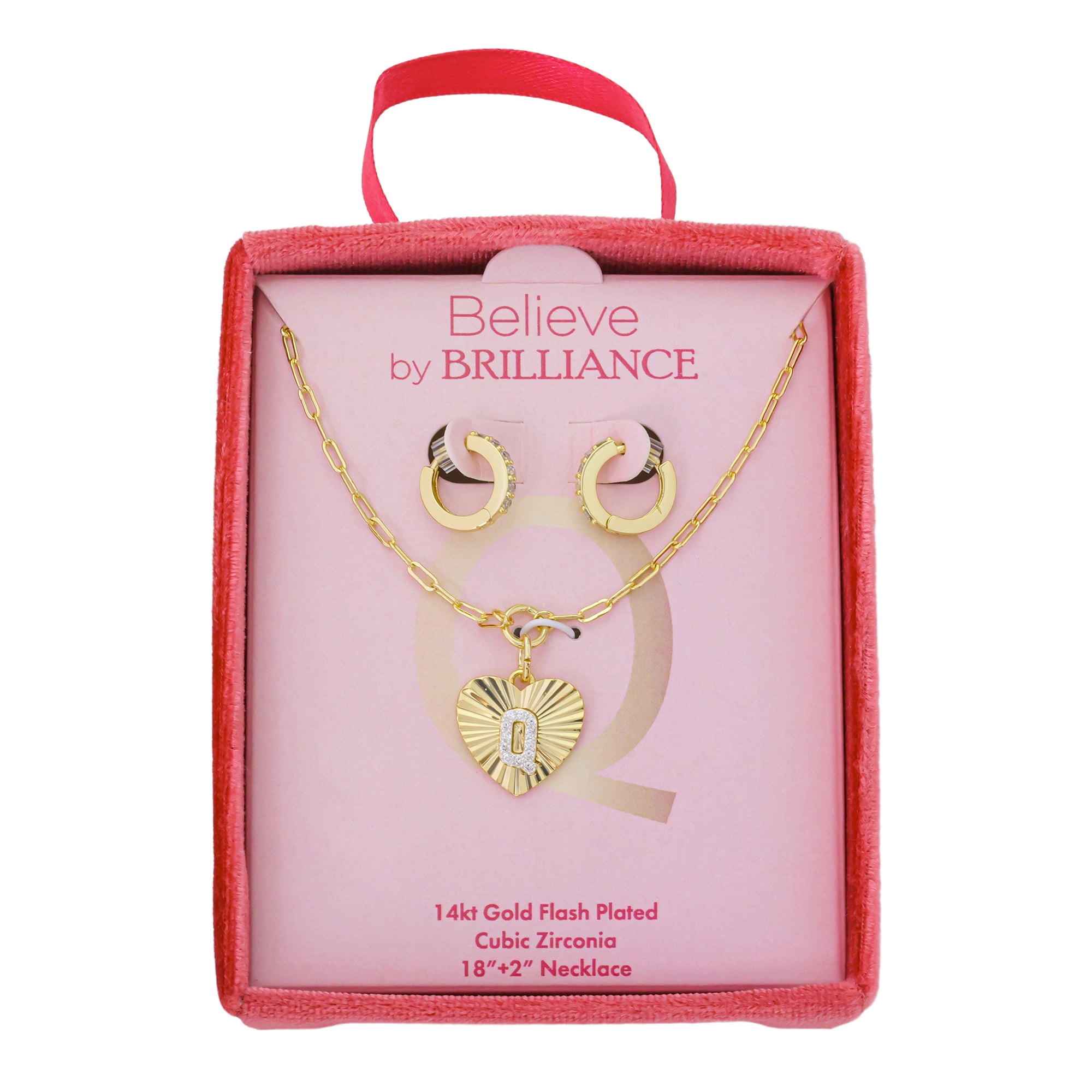 Believe by Brilliance Women's 14Kt Gold Flash Plated Cubic Zirconia Initial Q Heart Pendant Necklace and Hoop Earring Set, 18+2"
