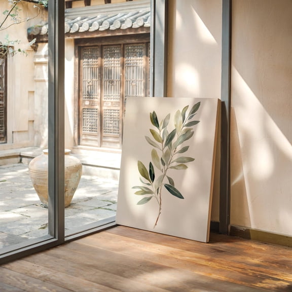 Velto Olive Branch Canvas Art Minimal Botanical Illustration Elegant Greenery Hand Painted Modern Wall Decor, SIZE 8x10 INCLUDE Pine Wood Frame 1.25-Inch