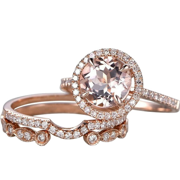 3pcs 4.75 Carat 10mm Round Cut Morganite 10k Rose Gold Diamond Moissanite Halo Wedding Set Antique