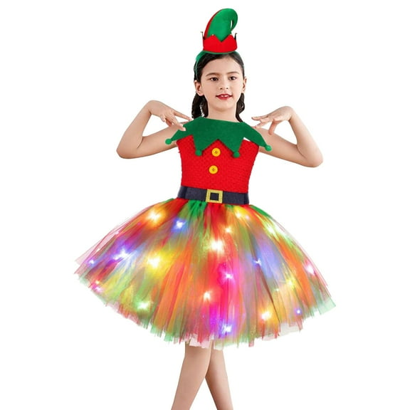 Mercatoo Toddler Girls Christmas 𝐄lf Dress 𝐂artoon Led Light Stage Princess Performance Casual A Line Dress with Hat 2PC