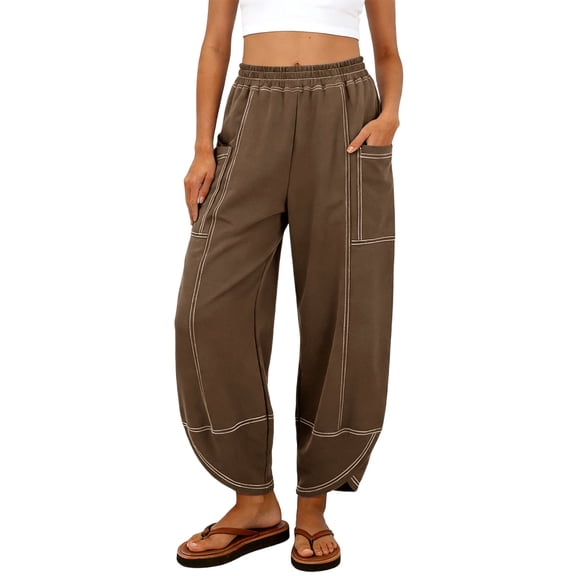 Hxshgdsn Womens Baggy Barrel Pants Elastic High Waist Wide Leg Lounge Sweatpants with Pockets Casual Fashion Outfit（Coffee/M）