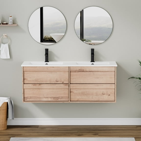 Eclife 48" Wall Mounted Double Sink Bathroom Vanity with Resin Top, Zinc Alloy Faucet, Wood Tune Floating Cabinet with 4 Drawers