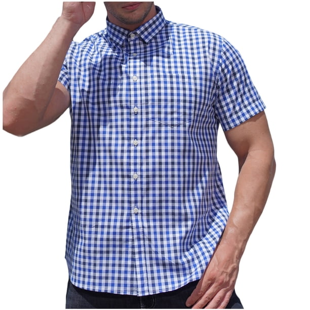 Mens Manga Corta Botón Abajo Camisas Negocios Turndown Cuello con Bolsillo, Patrón de Red Blusa de Manga Corta