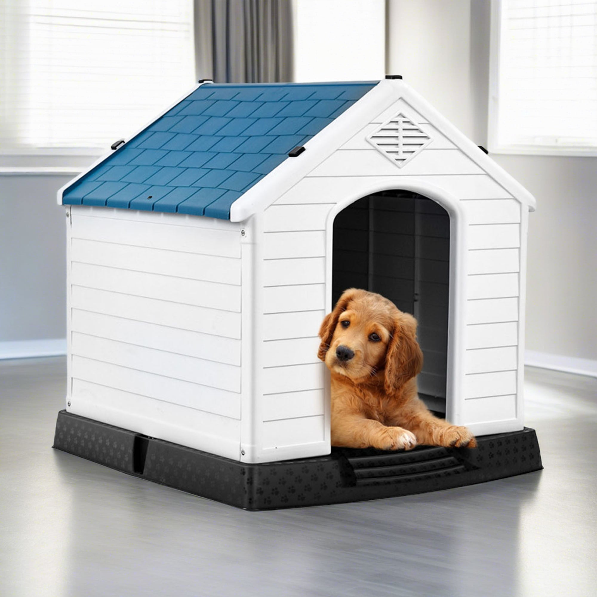 Pefilos 33" Outdoor Dog House, Sun Protection Pet Houses for Medium Dogs, Weatherproof Cat House with Ventilation System and Fastening Device, White Pefilos 33" Outdoor Dog House, Sun Protection Pet Houses for Medium Dogs, Weatherproof Cat House with Ventilation System and Fastening Device, White