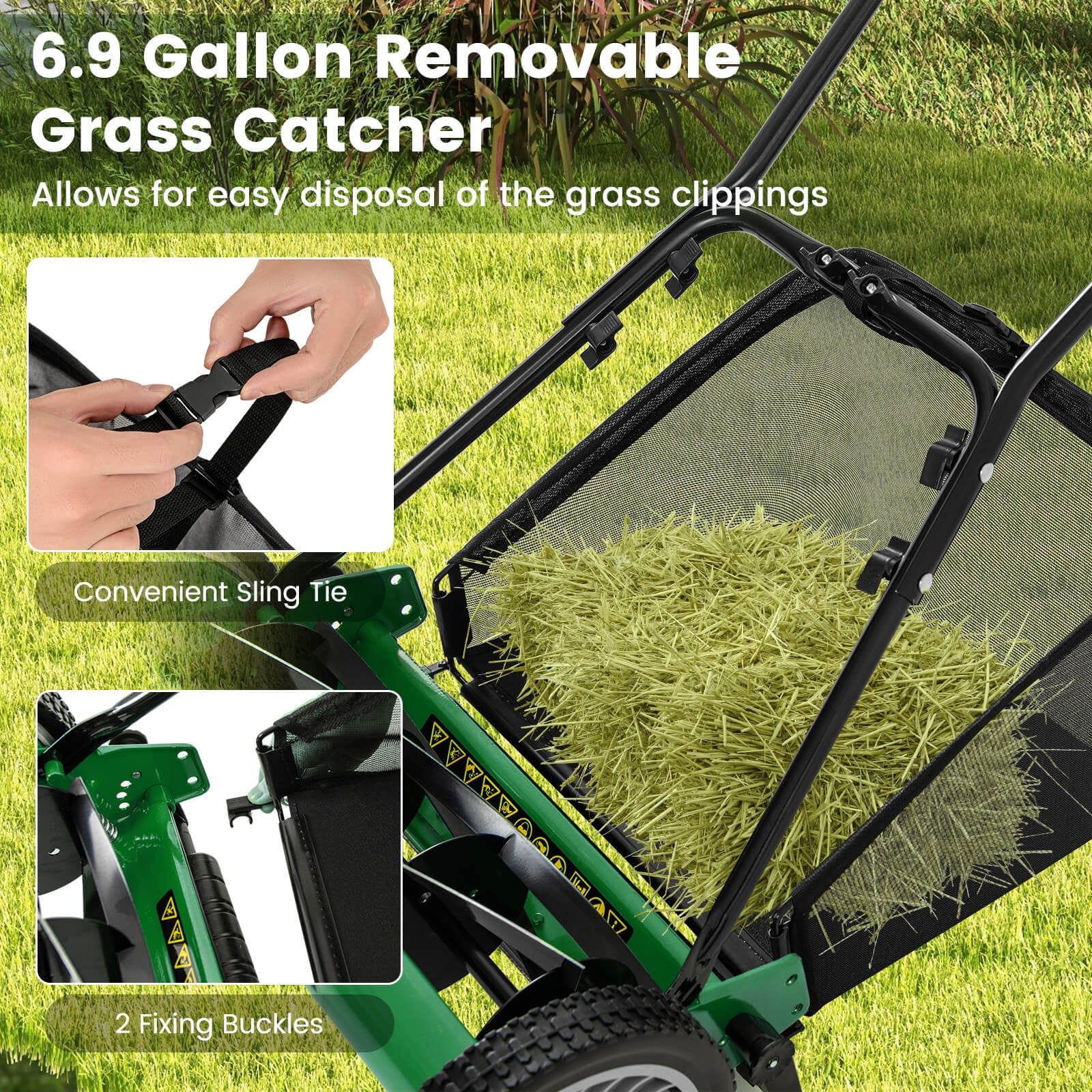 Ironmax 16" Push Lawn Mower with 5-Blade 6.9 Gallon Removable Grass Catcher for Garden Green + Black
