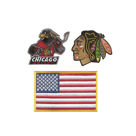 HEDiGEAR Official Licensed Chicago Blackhawks NHL Team Velcro Patches (Medium) Embroidered Velcro Patch Set with USA Flag 3 Pack