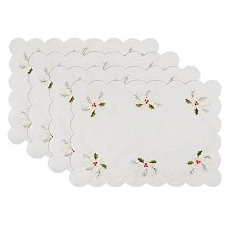 

Fennco Styles Embroidered Holly & Ribbon Design Holiday Placemats 14 W x 20 L Set of 4 - White Table Mats for Christmas Winter Holidays Home Décor Banquet Family Gathering Special Occasion