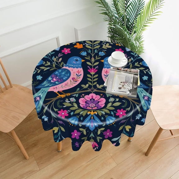RKSupls 60 Inch Round Tablecloth, Lovebirds Floral Premium Polyester Straight Edge Wrinkle Resistant Washable Table Cover for Party Home Dining Decor
