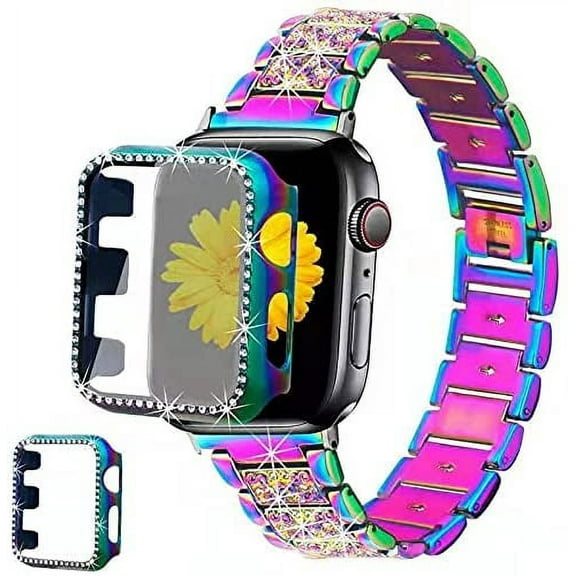 Compatible for Apple Watch Band 38mm 40mm 42mm 44mm with Screen Protector Case, Jewelry Replacement Metal Band & 2-pack Bling Full Cover Protective Case for iWatch Series 6/5/4/3/2/1(Black)