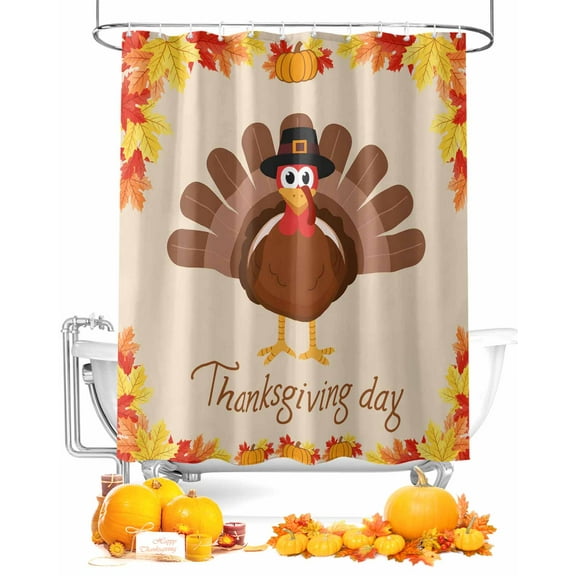 Thanksgiving Day Shower Curtain Set ，Waterproof Fabric Shower Curtains Cartoon Turkey Autumn Maple Leaf Harvest Shower Curtains for Bathroom,Bathroom Decor 36"x72"