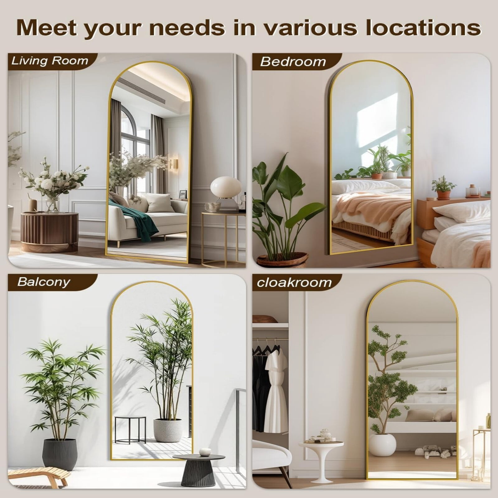 Mirrasia 21.1"x64" Arched Full Length Metal Mirror with stand, Gold