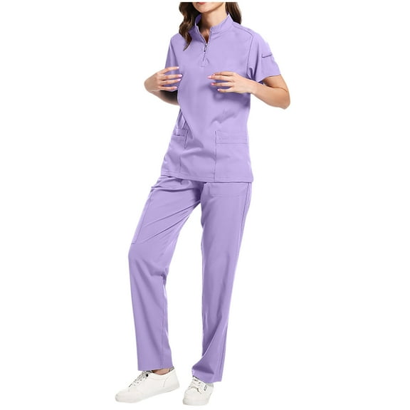 Delliss Women's Nursing Uniforms Scrub Set Zipper Stand Up Collar Top With Pocket Wide Leg Pants Casual Two Piece Set Purple XXL