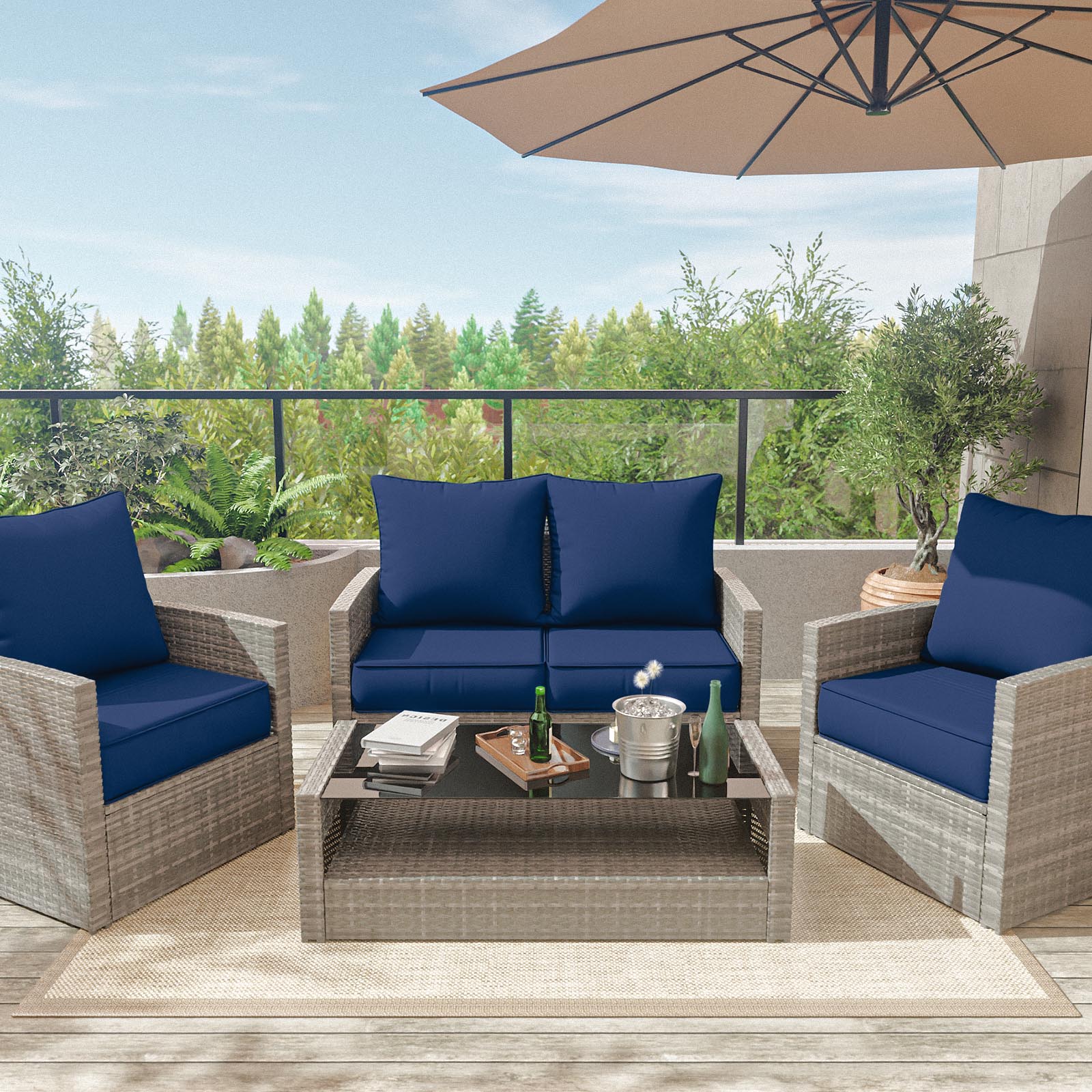 Snubbull Outdoor Deep Seat Cushion Set 24 X 24 X 6.5 Inch Splash-Proof & Fadeness Patio Furniture Cushions，Removable Outdoor Couch Cushions with Hidden Zipper & Adjustment Staps，Blue