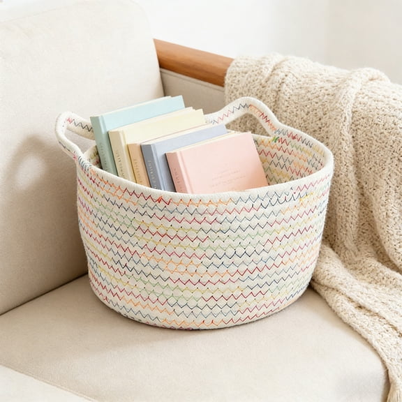 Cotton Rope Woven Storage Basket with Cat Ear Handles, Cute Desktop Organizer, Easter Basket, Decorative Bin for Keys, Cosmetics and Small Sundries, Soft Home Storage for Vanity, White, 7.8*5.5in