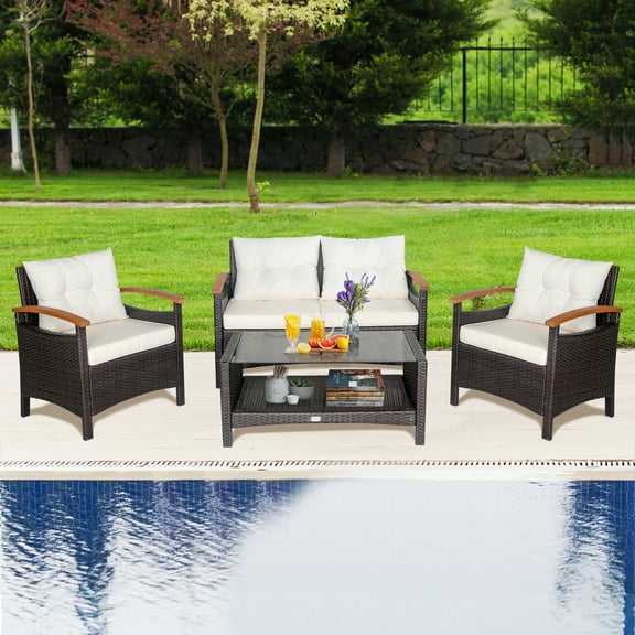 Gymax 4PCS Patio Conversation Set Rattan Sofa Furniture Set w/ Off White Cushions