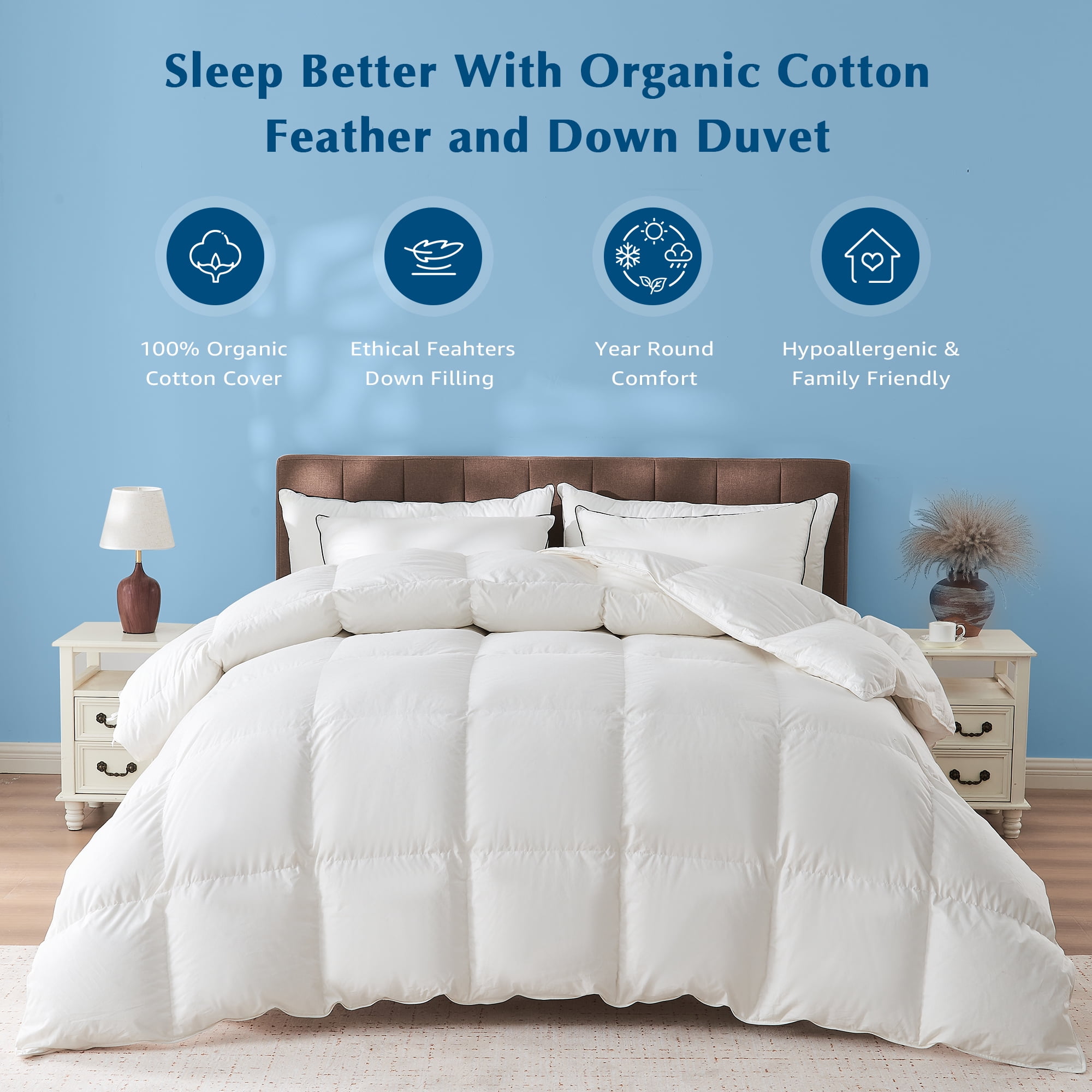 Dafinner All Season Goose Feather Down Comforter, 100% Organic Cotton Oversized King Size Duvet Insert with 4 Corner Tabs (120x98 inches, White)