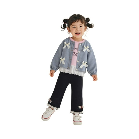 Girls Denim Jacket and Pants Set with Bow Accents Long Sleeve Top and Lace Trim Casual Outfit for Children